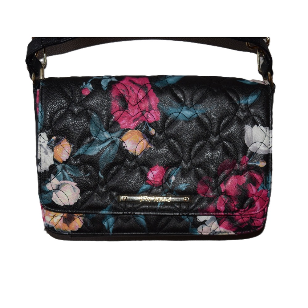 Betsey Johnson Floral Heart Quilted Crossbody Bag Women Black Excellent Studded